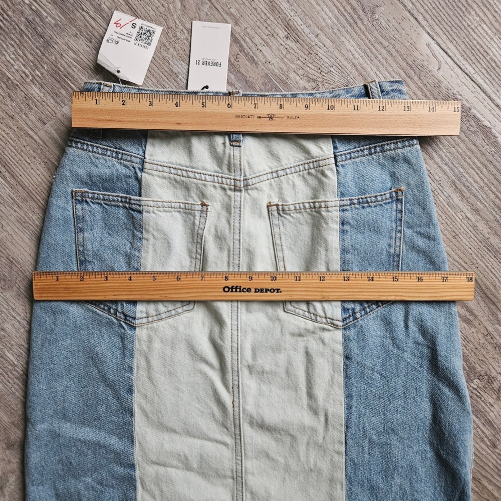 Forever 21 Denim Maxi Skirt Women S Blue 2 Tone Colorblock Side Slit Raw Hem - Picture 8 of 11